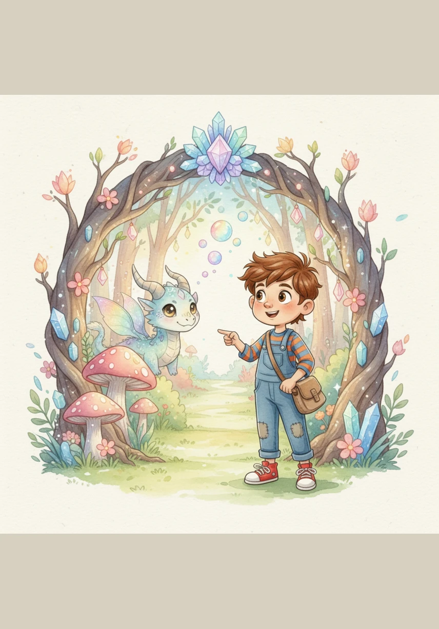 Oliver stands at the grand entrance of a shimmering theme park, clutching a magical golden passport that glows with anticipation. The gates swing open, revealing a world of vibrant colors, floating balloons, and distant whimsical music.