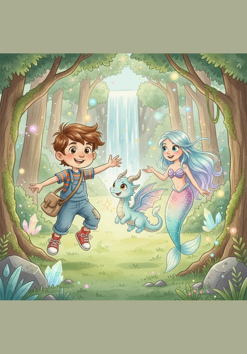 In the heart of the Enchanted Forest, Oliver discovers his first mission hidden inside a hollow oak tree. He carefully presses his passport against a glowing mossy stone, and a sparkling leaf-shaped stamp magically appears on the first page.