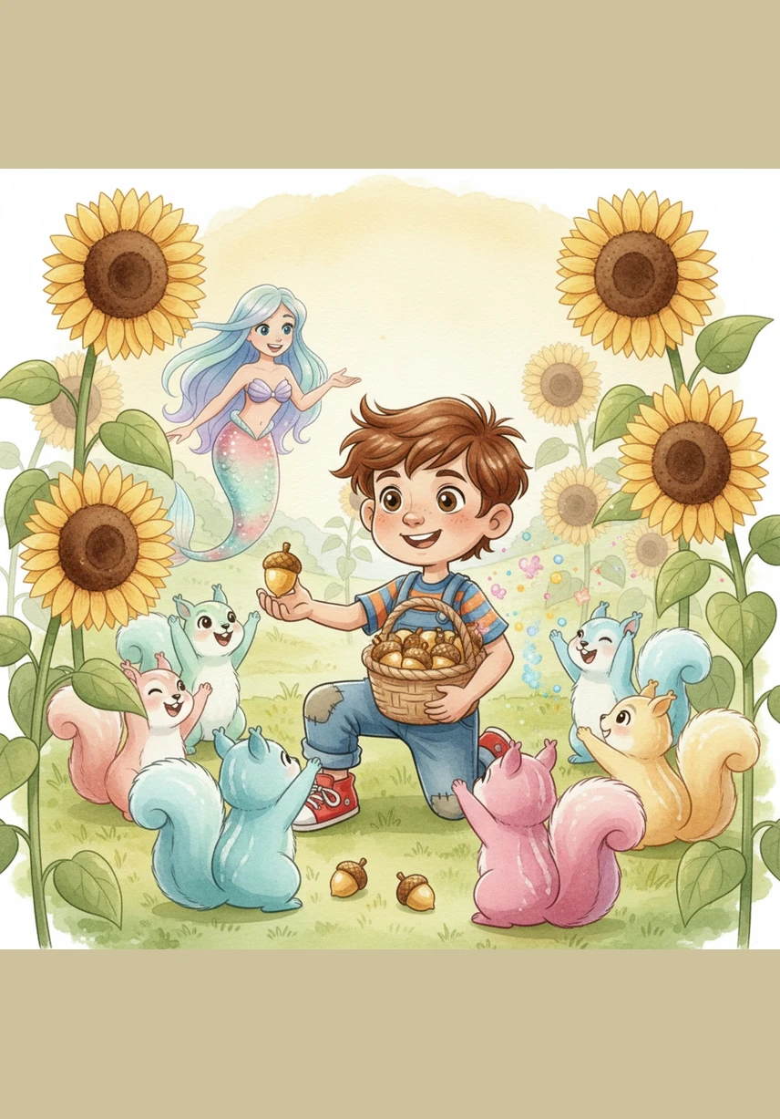 A group of fluffy, colorful squirrels needs help finding their missing golden acorns scattered among the giant sunflowers. Oliver gathers the treasures, and the squirrels cheer, rewarding him with a shiny nut-shaped stamp and a handful of magic dust.
