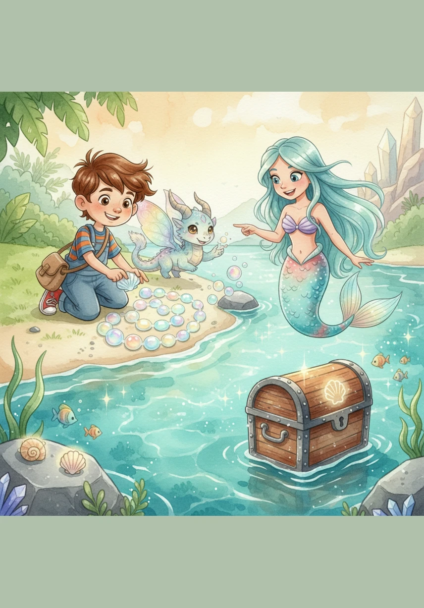 The journey continues to the Crystal Lagoon, where a friendly mermaid points toward a treasure chest submerged in sparkling turquoise water. Oliver solves the bubble puzzle on the shore, earning a shimmering seashell stamp for his growing collection.