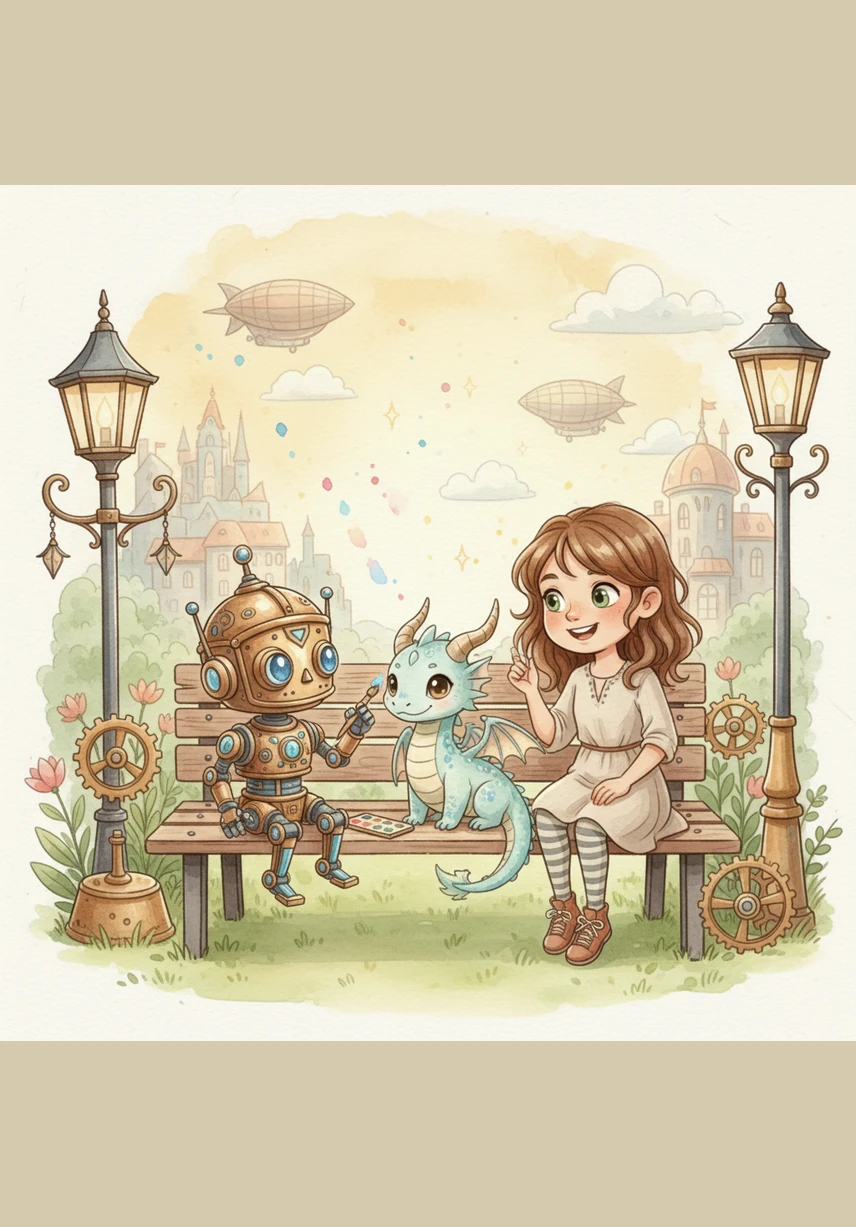 In the bustling Clockwork City, a tiny robot struggles to turn a giant brass gear that powers the park's music box. Oliver lends a hand, and as the melodies fill the air, a gear-shaped stamp clicks perfectly into his passport.