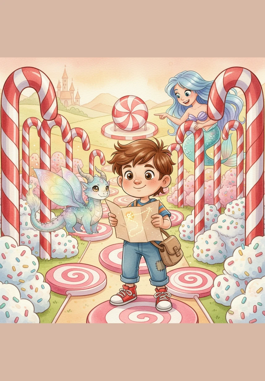 Oliver faces a delicious challenge as he navigates a maze made of towering candy canes and marshmallow bushes. Using his magical map, he finds the secret path to the center, where a sweet peppermint stamp awaits him.