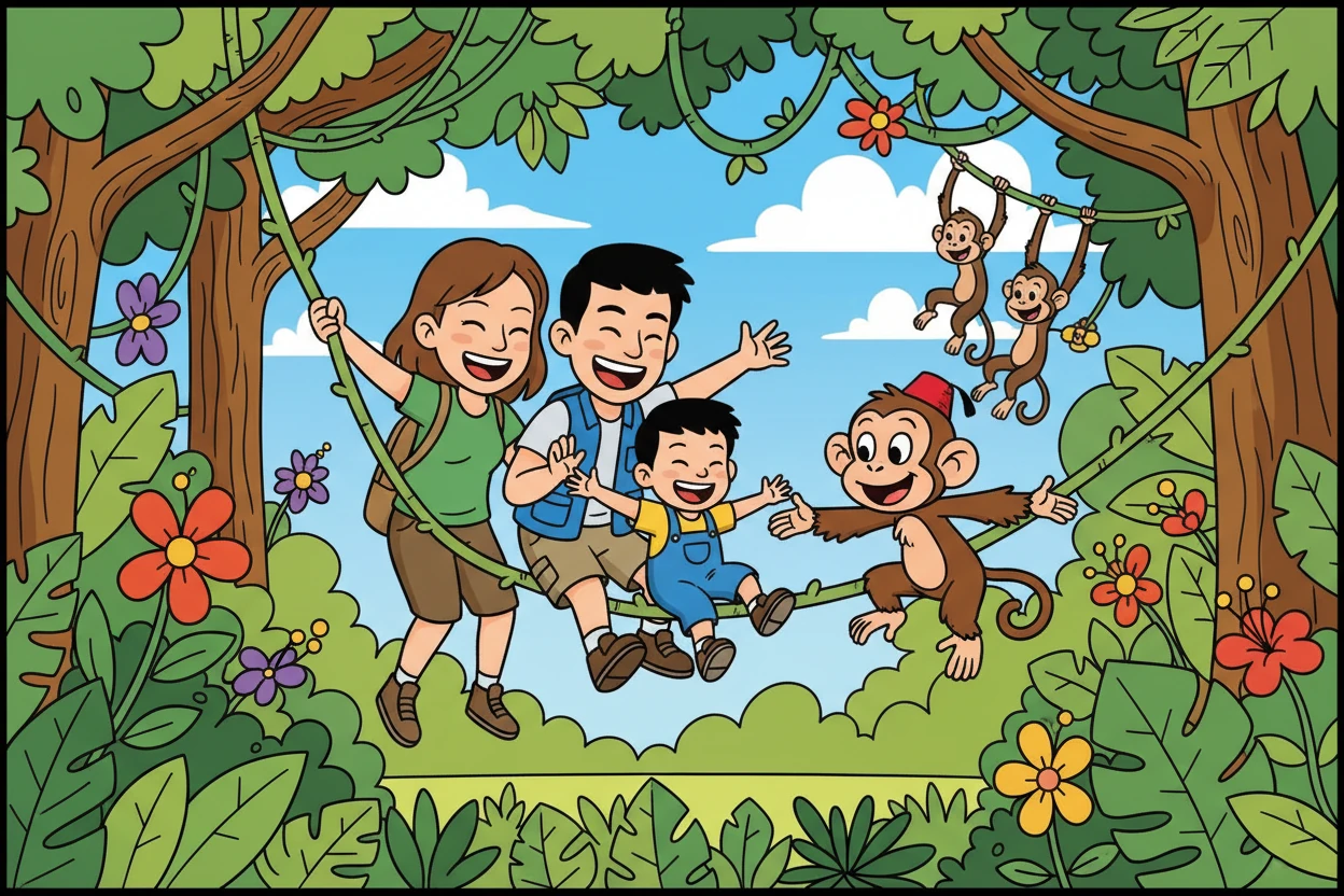 他们来到了丛林探险区，遇到了调皮的猴子阿布。阿布邀请他们一起玩耍，小乐一家开心地加入了猴子的队伍，在丛林里探险。
