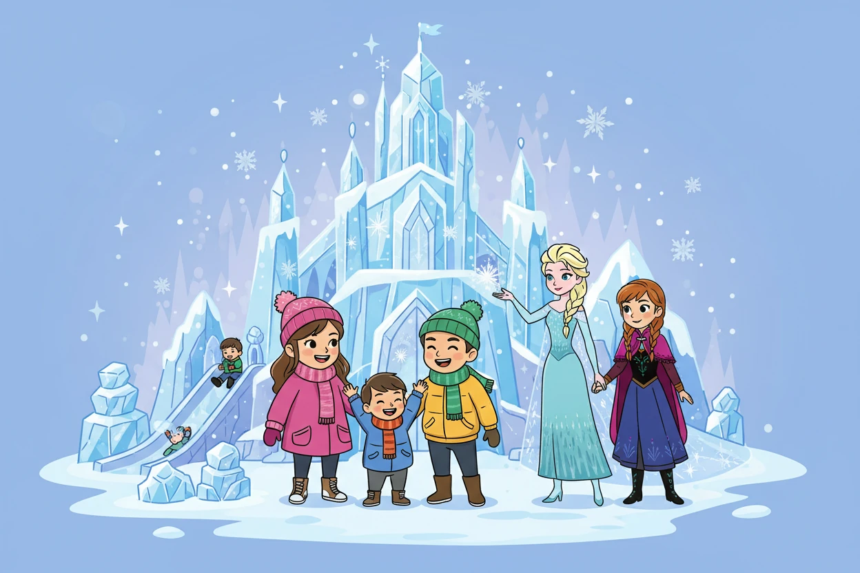 他们来到了冰雪奇缘的冰雪世界，遇到了艾莎和安娜。艾莎用魔法为他们创造了美丽的冰雪城堡。小乐一家在冰雪城堡里玩耍，感受冰雪的魅力。