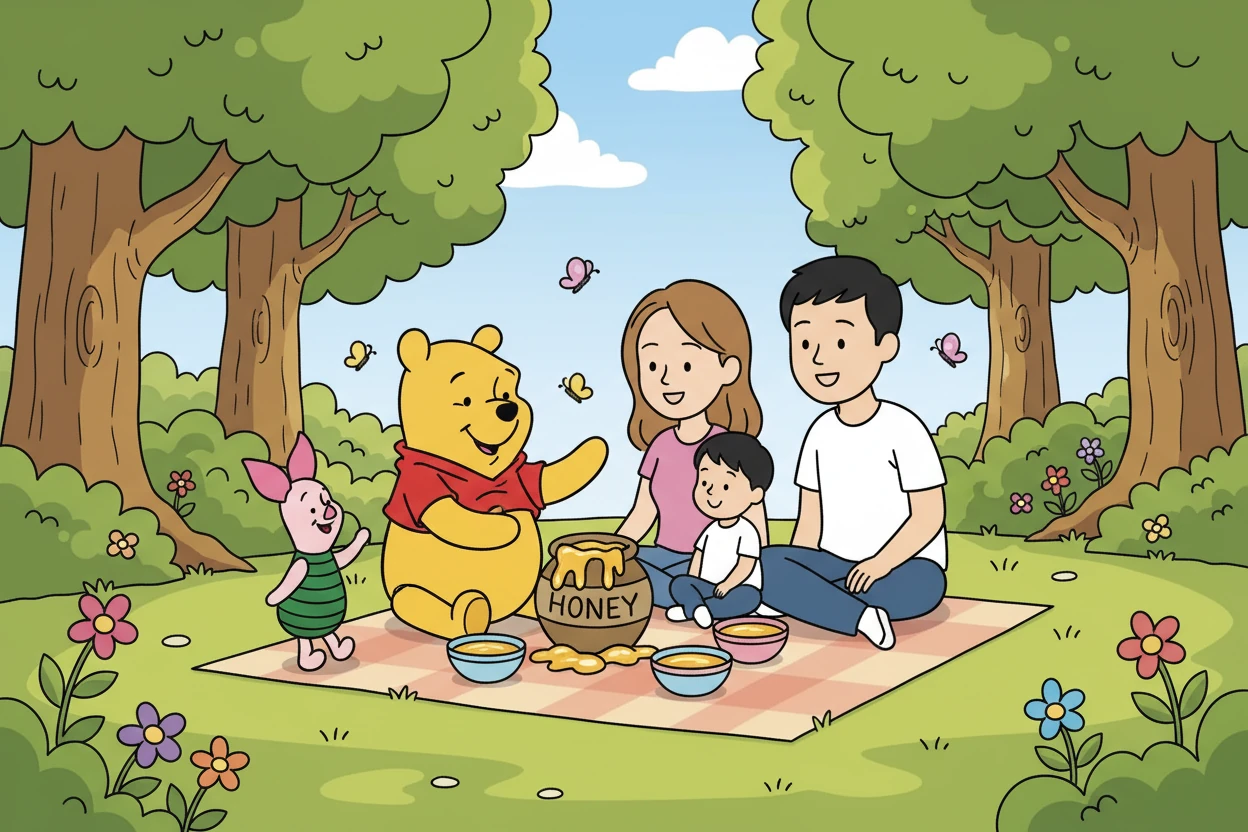 他们来到了小熊维尼的百亩森林，见到了维尼和小猪。维尼热情地邀请他们一起分享蜂蜜。小乐一家与维尼和小猪一起，在森林里享受甜蜜的午后。