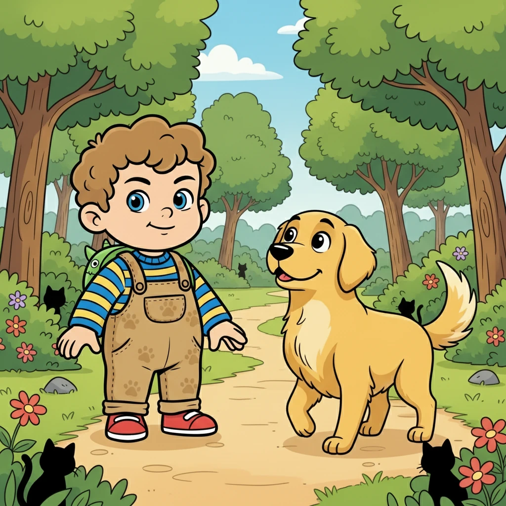 Grégoire, toujours en quête, rencontra un chien amical. Le chien, avec ses grands yeux, semblait vouloir l'aider. Ils explorèrent ensemble le parc, espérant trouver Neko.