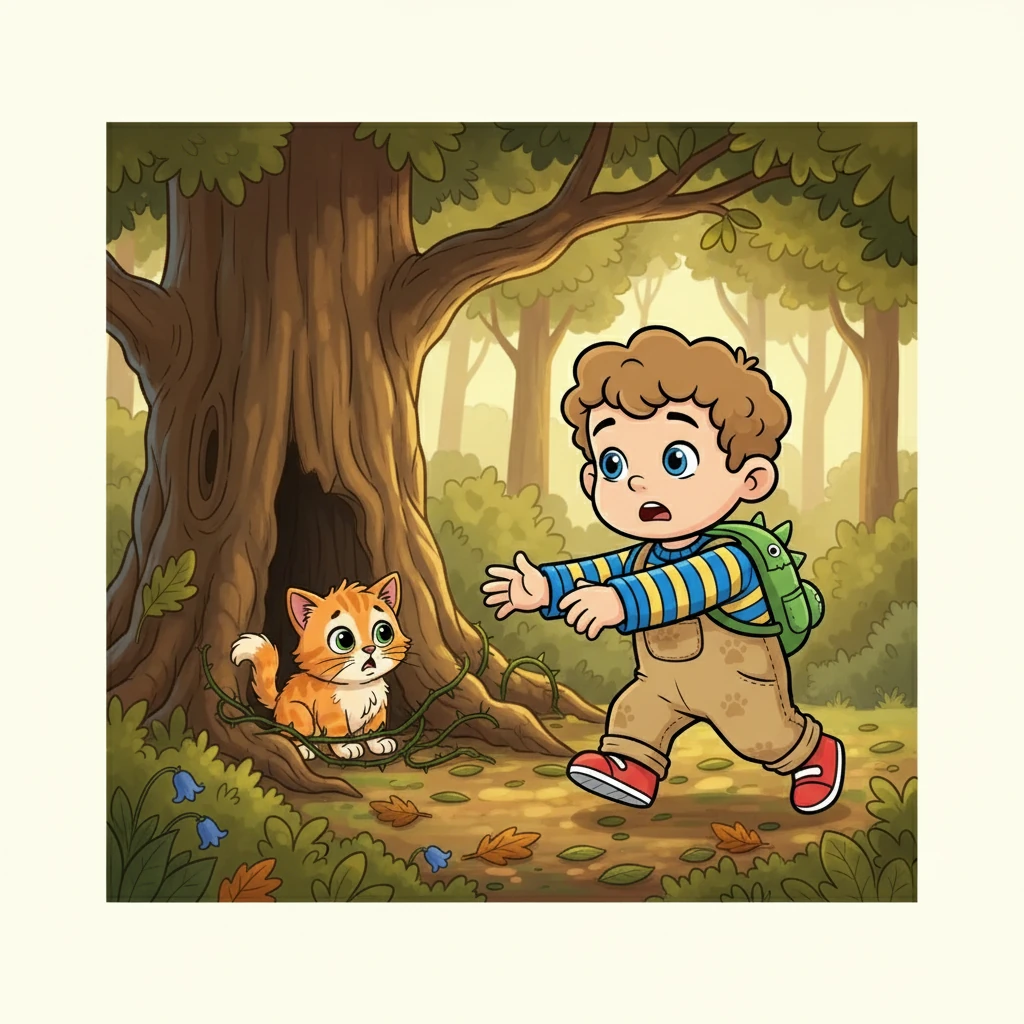 Soudain, derrière un gros arbre, Grégoire aperçut quelque chose. C'était Neko, coincé et effrayé ! Il courut vers lui, le prenant dans ses bras.