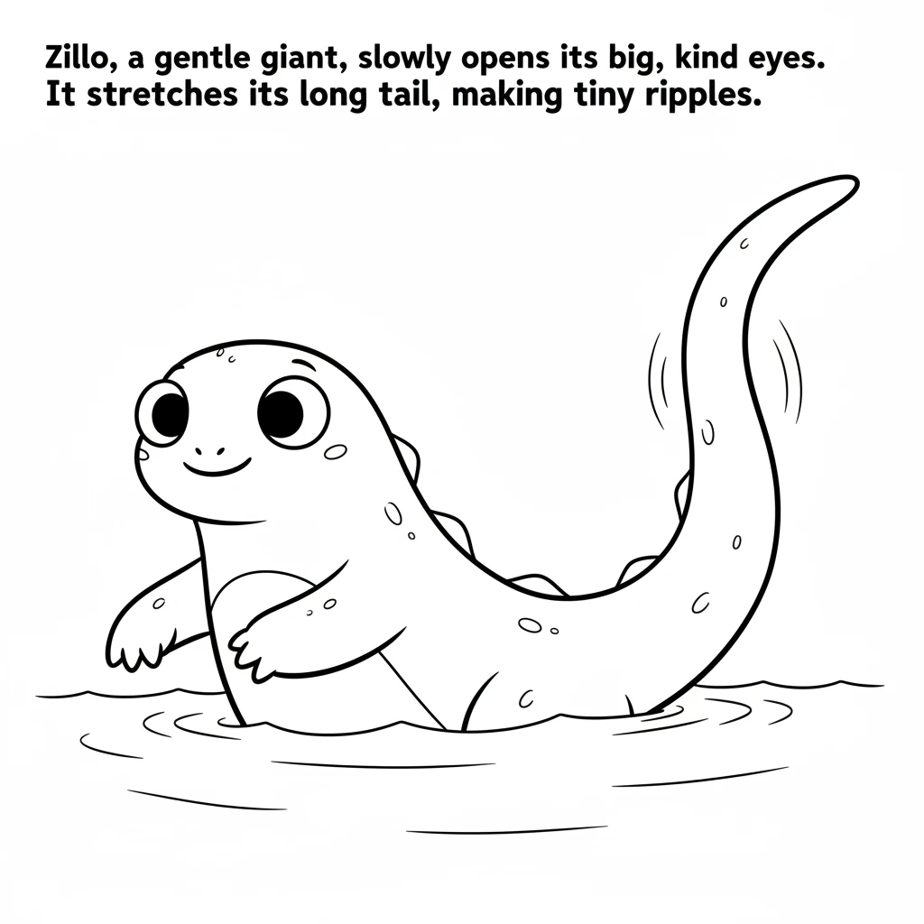 Zillo, a gentle giant, slowly opens its big, kind eyes. It stretches its long tail, making tiny ripples in the clear blue ocean water.