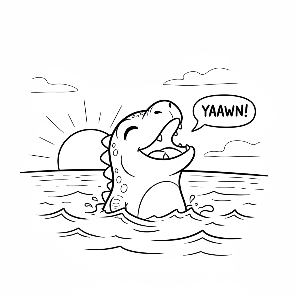 Zillo rises from the sea, a friendly smile on its face. The sun peeks over the horizon, painting the sky with soft colors as Zillo lets out a happy ya