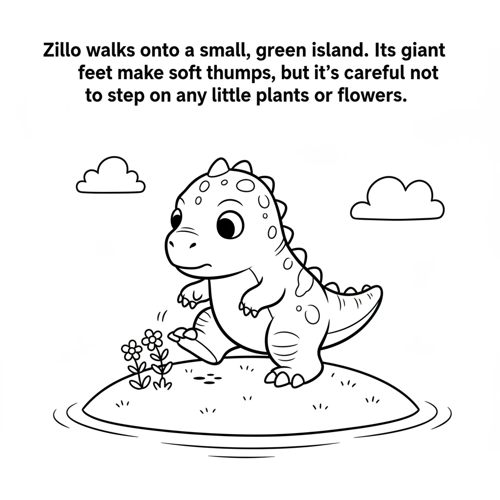 Zillo walks onto a small, green island. Its giant feet make soft thumps, but it's careful not to step on any little plants or flowers.