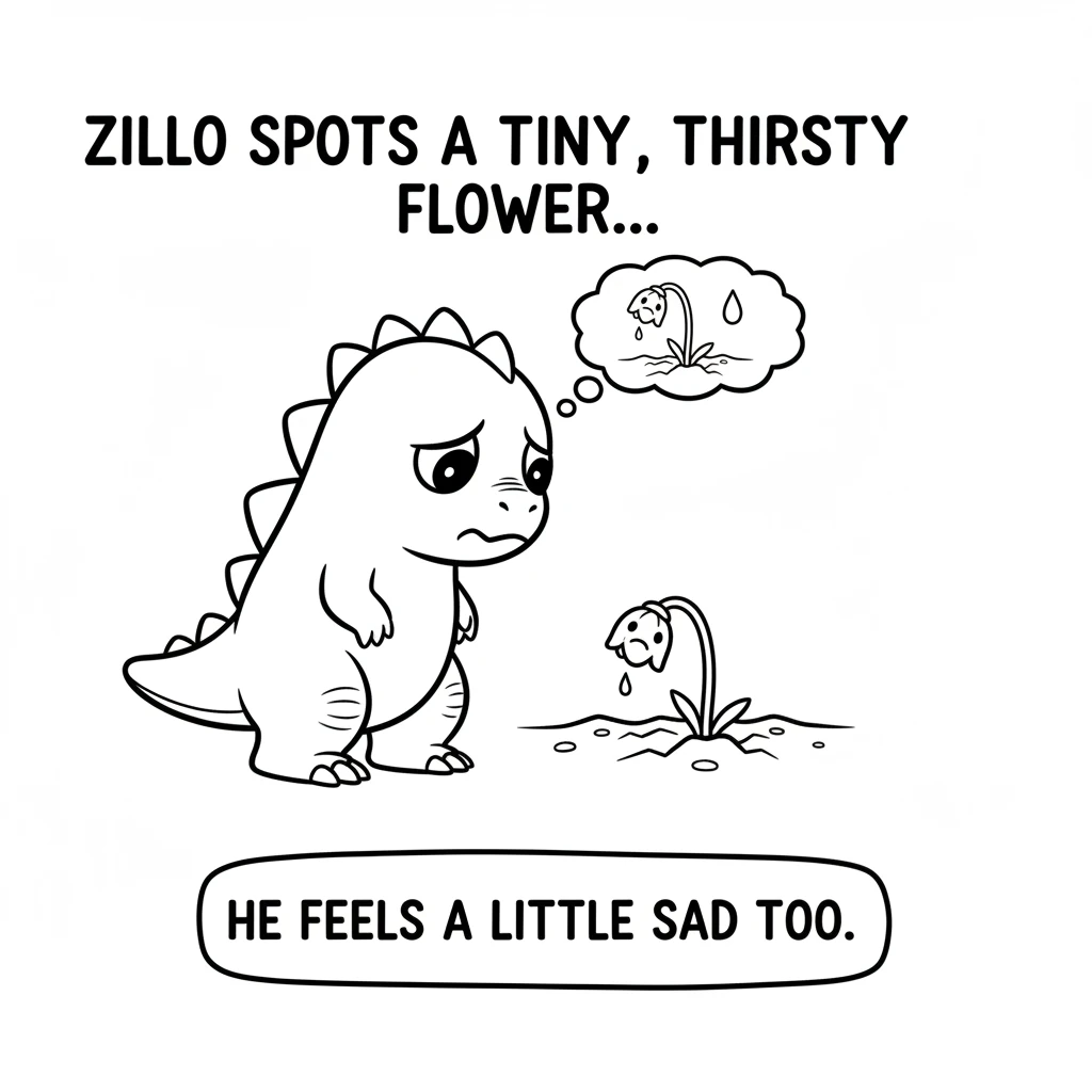 Zillo spots a tiny flower drooping its head, looking very thirsty and sad. Zillo feels a little pang of sadness too.