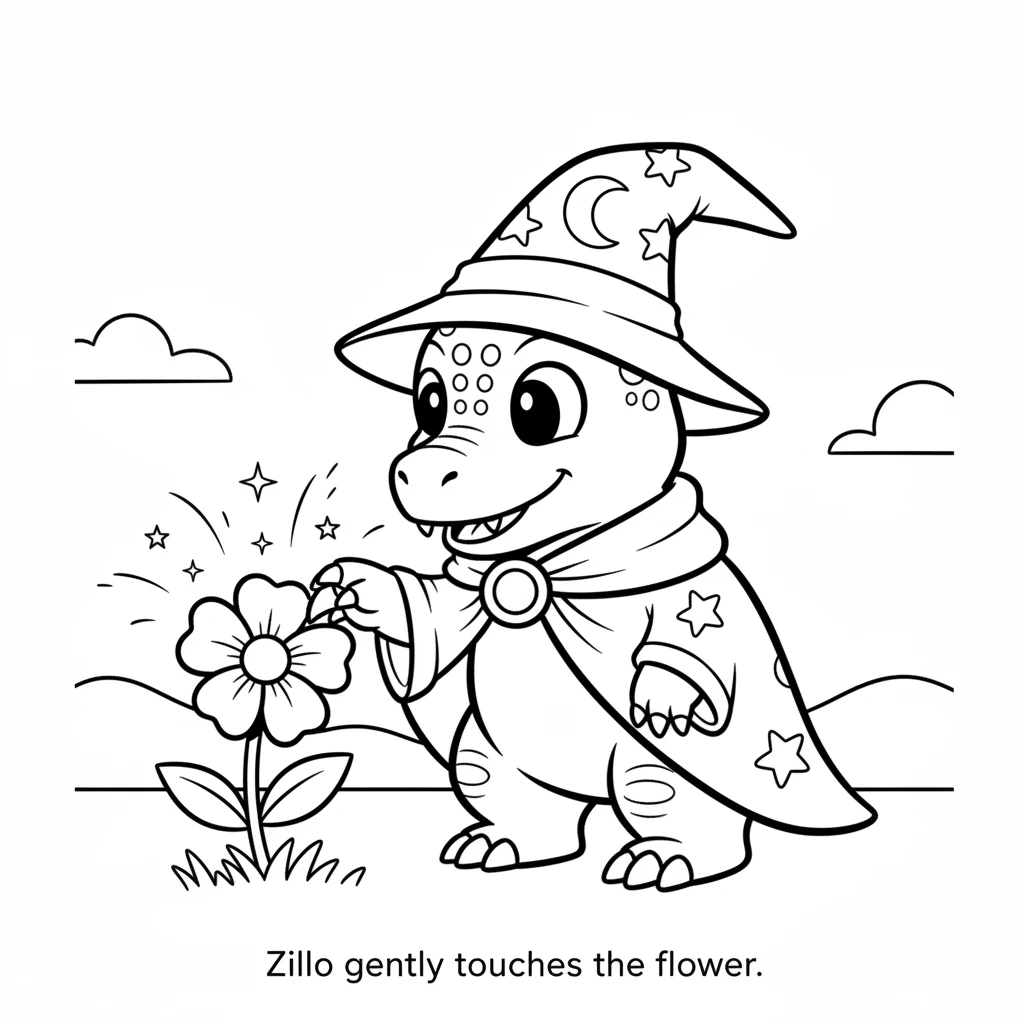 Zillo gently touches the flower with one of its large claws. A soft, magical glow, like tiny stars, twinkles around its hand.