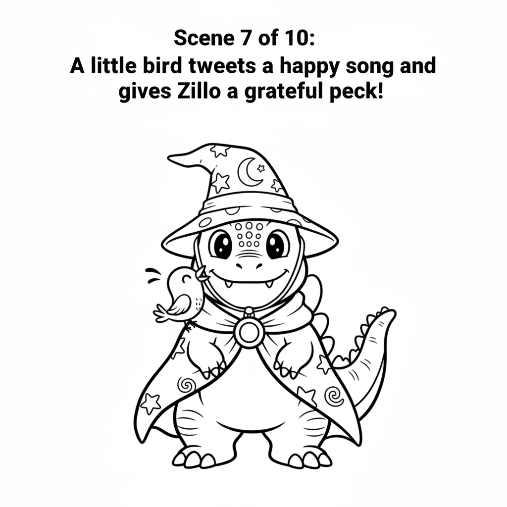 A little bird, who had been watching, tweets a happy song and lands on Zillo's shoulder, giving a grateful peck.