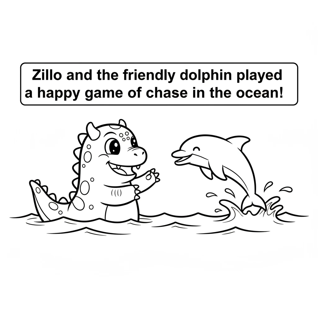Zillo wades back into the ocean, where a friendly dolphin jumps and splashes beside it. They play a happy game of chase.
