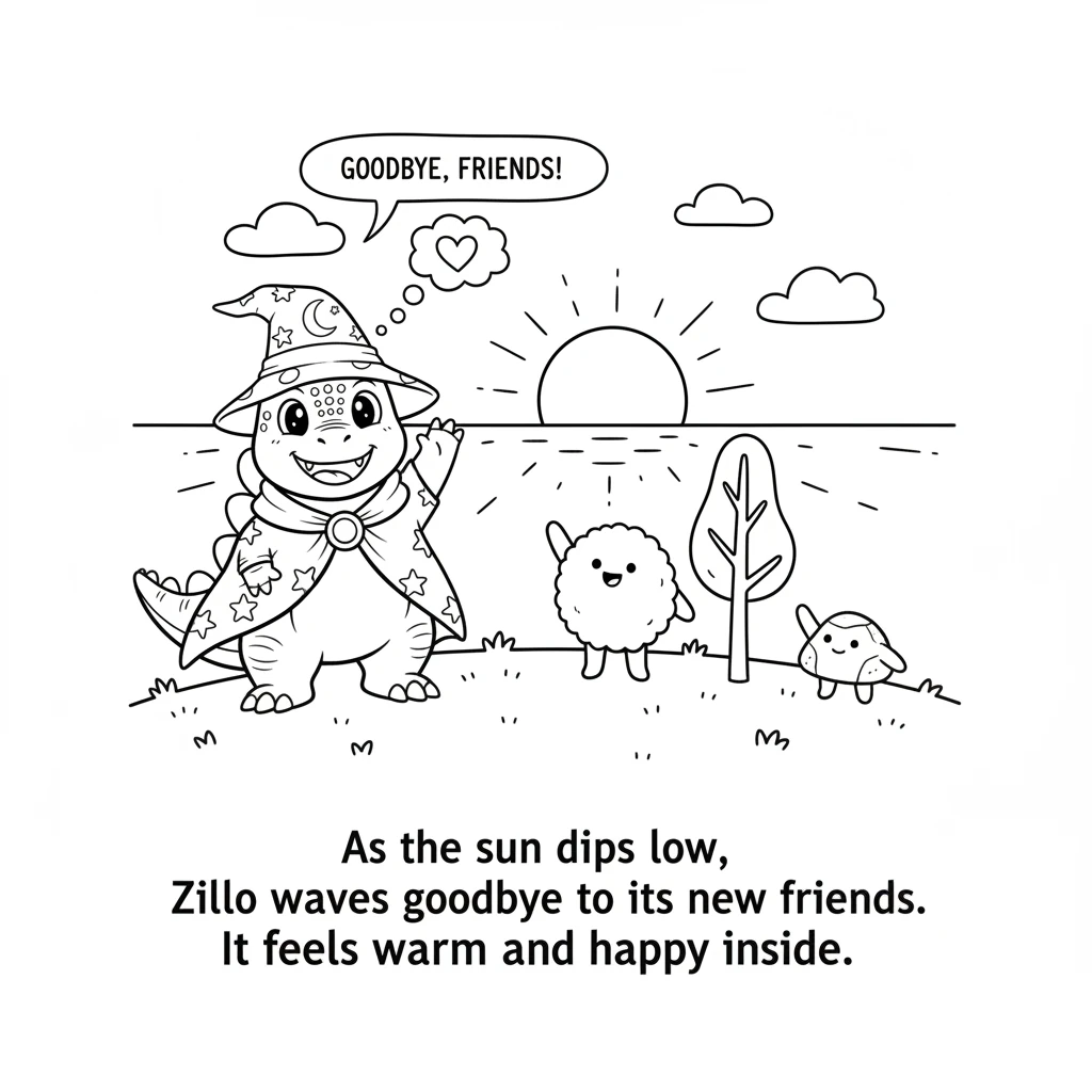 As the sun dips low, painting the sky orange and pink, Zillo waves goodbye to its new friends. It feels warm and happy inside.