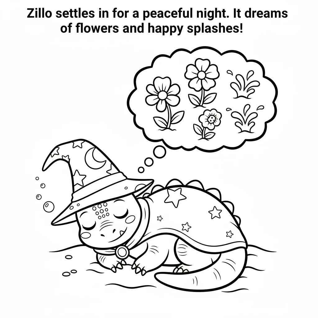 Zillo settles back into the deep ocean, ready for a peaceful night's sleep. It dreams of flowers blooming and happy splashes.