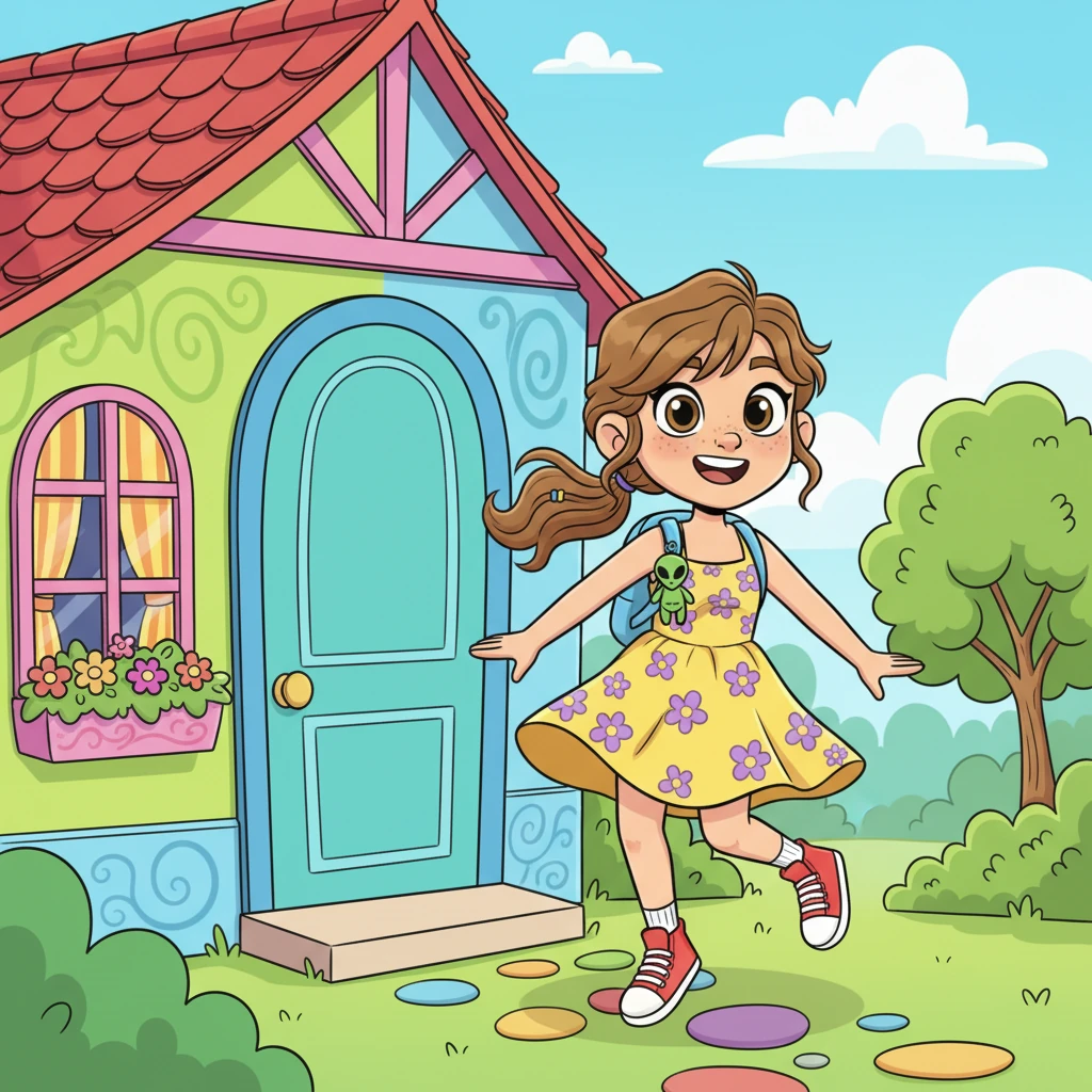 Alya, a cheerful girl with bright eyes, arrives at her brother Loyd's colorful house, a small backpack slung over her shoulder. She bounces with excitement, a wide smile spreading across her face as she approaches the front door. Her sundress twirls slightly with her eager steps, making her look like a burst of sunshine.