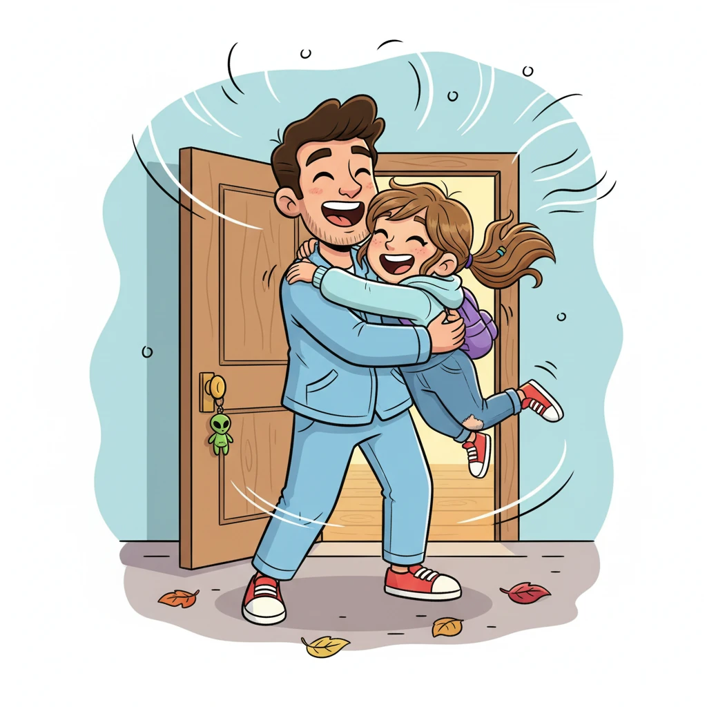 The door swings open and there's Loyd, tall and friendly in his comfy t-shirt and cotton pajamas, a big grin matching Alya's. He sweeps her up in a giant, playful bear hug, spinning her around once before setting her down. Their laughter fills the air, a clear sign of their happy reunion.