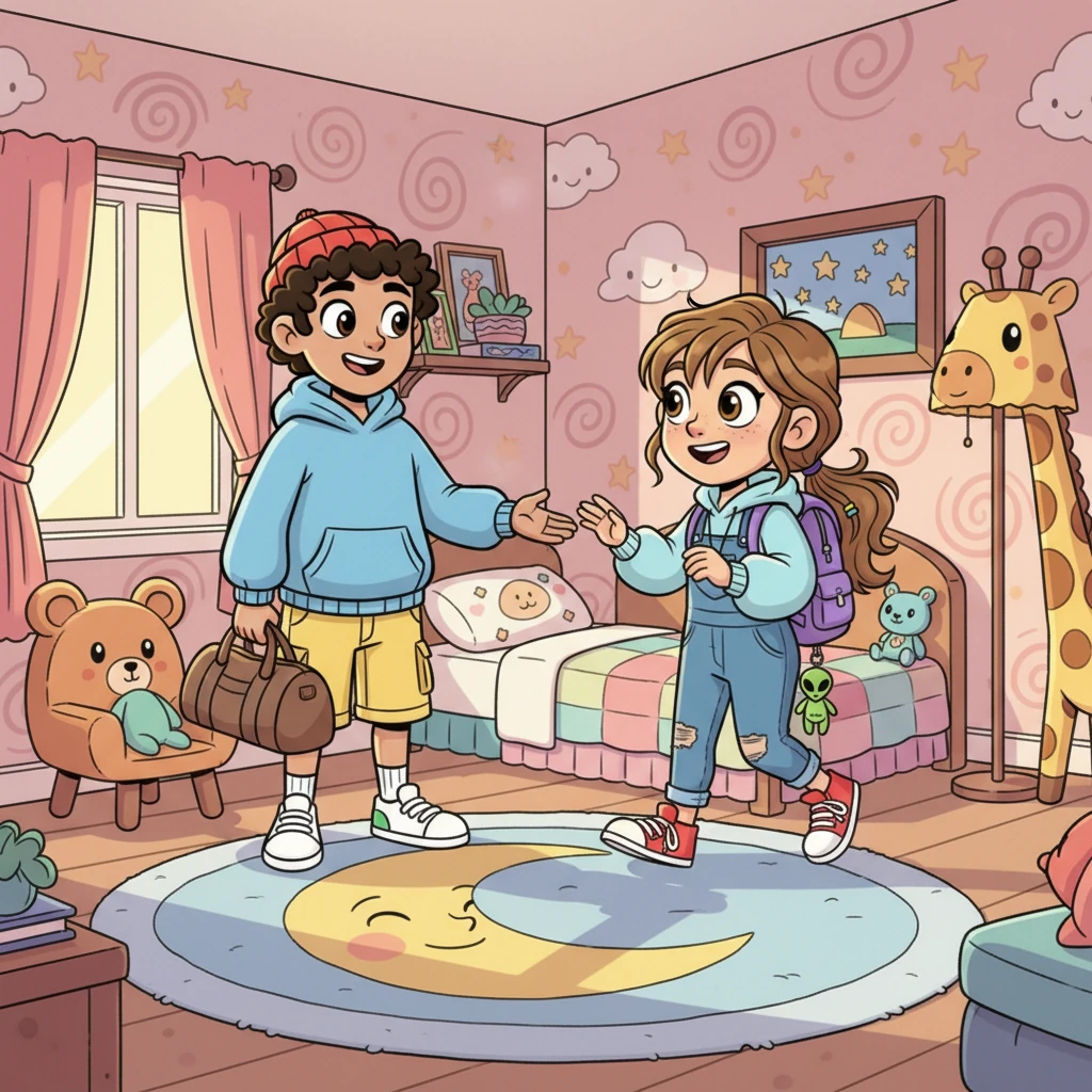 Loyd helps Alya carry her small bag inside, leading her to a cozy guest room decorated with whimsical patterns. Alya eagerly explores the room, her eyes sparkling as she imagines all the fun they'll have. Loyd makes sure she has everything she needs, a warm and welcoming host.