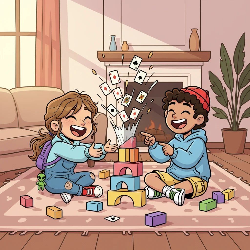 Later that afternoon, they settle down in the living room for some quality sibling time. Loyd teaches Alya a new, silly card game, and they burst into giggles as cards fly everywhere. They also build a wobbly tower of colorful blocks, cheering each time it doesn't fall.