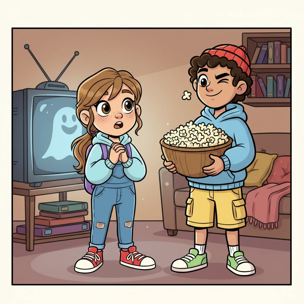 As evening approaches, Loyd suggests a movie night, making a big bowl of popcorn. Alya's eyes light up, but then Loyd winks, "How about something a little... spooky?" Alya gulps, a tiny bit nervous but also excited for the adventure.