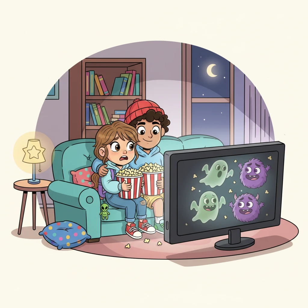 They cuddle on the big, comfy couch, sharing the popcorn as the movie starts. The screen shows friendly ghosts and not-too-scary monsters, but Alya still jumps and hides her face in Loyd's arm during the loud parts. Loyd chuckles softly, reassuring her with a pat on the head.