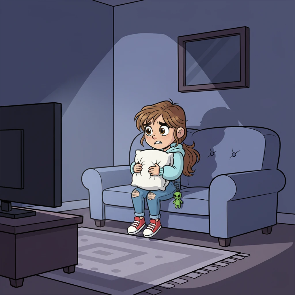 The movie ends, and the room feels a little darker and quieter than before. Alya's imagination starts to play tricks on her, making shadows dance in the corners of her eyes. She clutches a fluffy pillow tightly, a small frown creasing her brow.