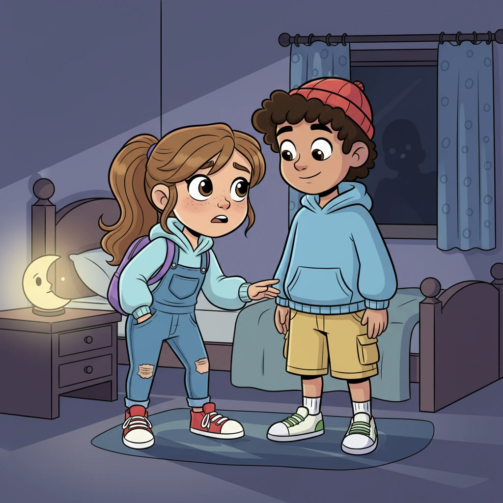 When it's time for bed, Alya walks slowly to her room, peeking under the bed and behind the curtains. She returns to Loyd, her big eyes wide. "Loyd," she whispers, "I think that movie made my room extra spooky!" She looks up at him with a hopeful plea.