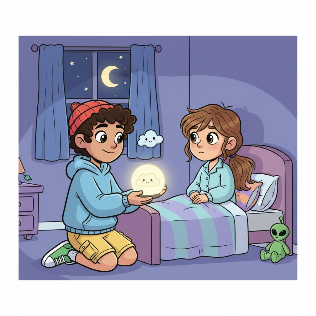 Loyd kneels down, giving her a gentle smile. "Even brave adventurers get a little scared sometimes," he says kindly. He gives her a special "monster-repellent" nightlight and tells her a funny, comforting story about a friendly little cloud, promising to check on her before he sleeps.