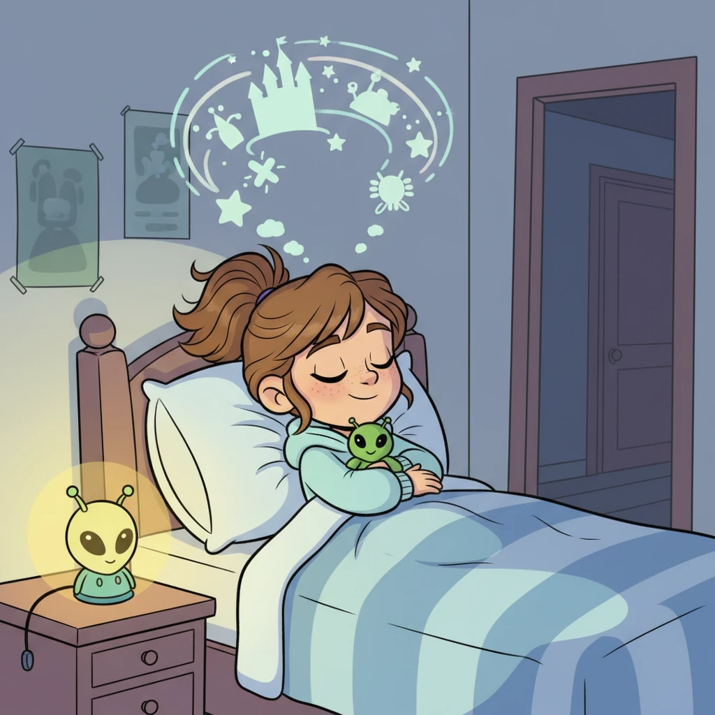Alya, tucked snugly in her bed with the soft glow of the nightlight, feels much braver. She thinks about Loyd's funny story and his warm smile, and soon her eyelids grow heavy. Drifting off to sleep, she dreams of happy adventures, knowing her big brother is just down the hall.