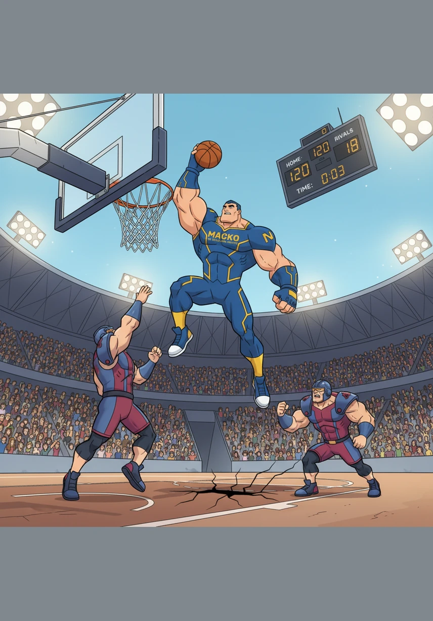 With a swift and graceful motion, Macko launches the ball from deep, scoring a perfect three-pointer to put the Ultras ahead 3 to 0. The crowd erupts in cheers, their voices echoing off the stadium walls as the giant celebrates his first points.