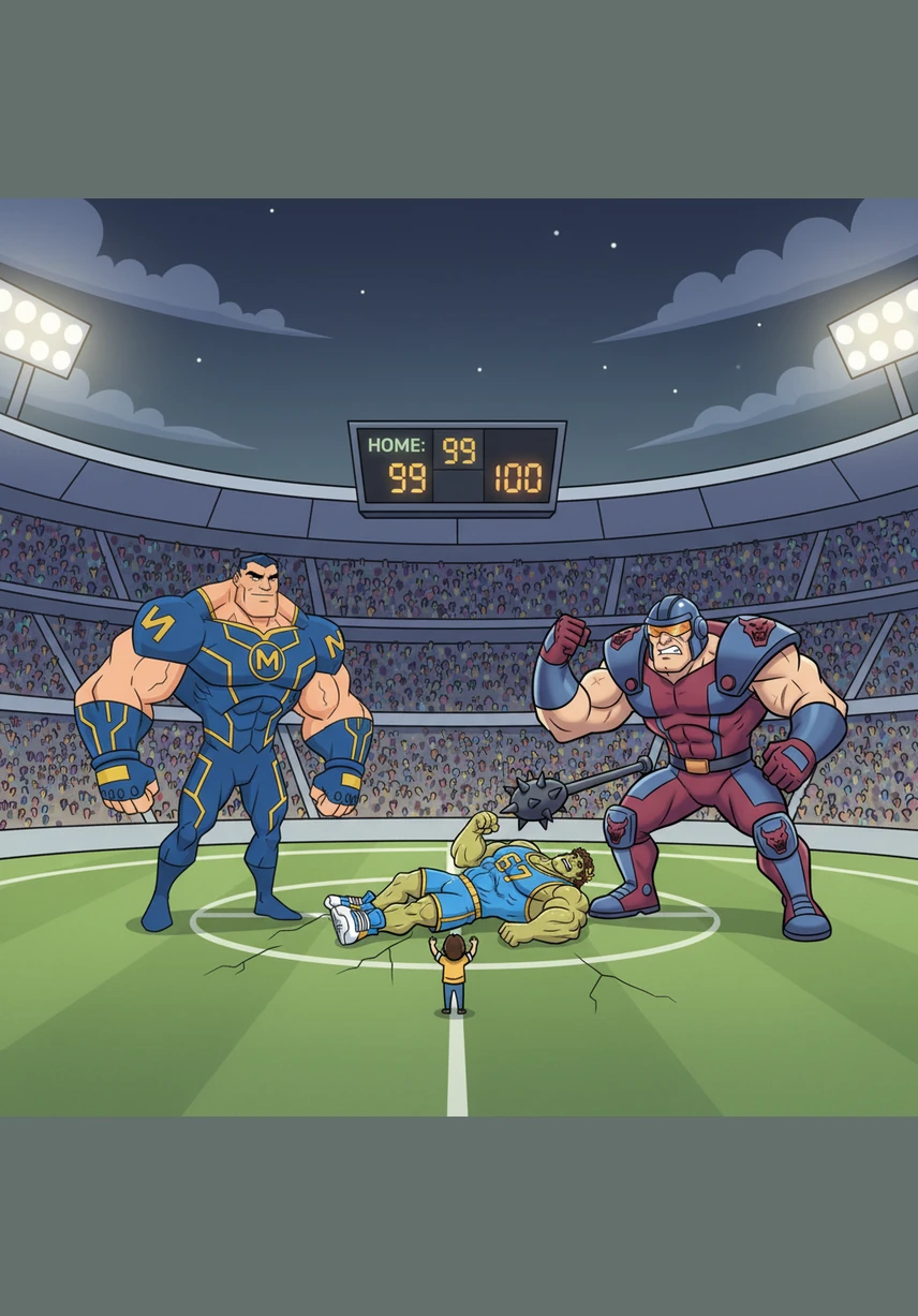 A collective gasp fills the arena as Macko suddenly collapses, clutching his leg in intense pain after a hard play. With their star player injured and limping, the Ultras fall further behind, trailing by fifteen points as hope starts to fade.