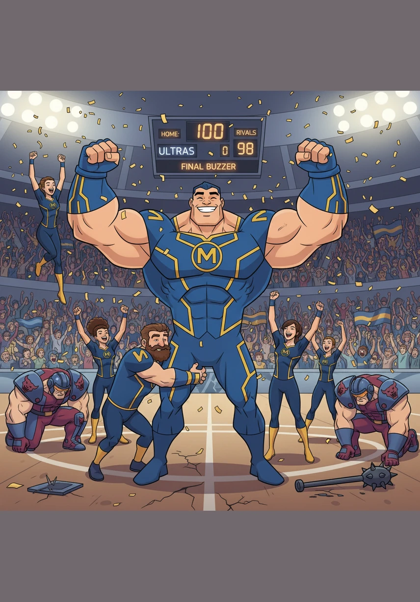 The final buzzer rings out, signaling the Ultras as the grand final champions. Macko beams with pure joy, surrounded by his cheering teammates and fans as they celebrate a victory earned through grit, heart, and the spirit of Roarball.