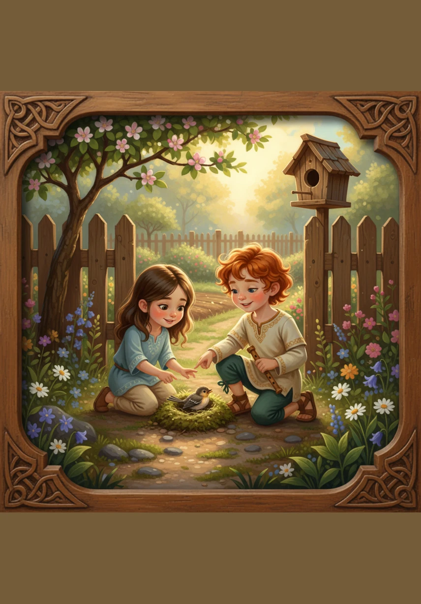 The morning sun peeks over the garden fence, casting a golden glow on the dew-covered grass. Daithi, Oisin, Malliadh, and baby Tadhg stand at the back door with their colorful baskets, eyes wide with excitement for the hunt to begin.