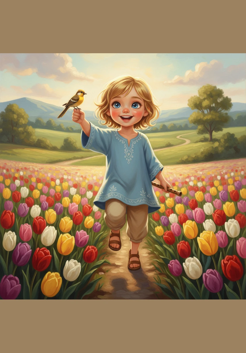 Little Malliadh skips through the tulip patch, her blonde hair bouncing and her earrings shimmering in the light. She discovers a sparkly pink egg nestled among the petals and holds it up high for everyone to see.