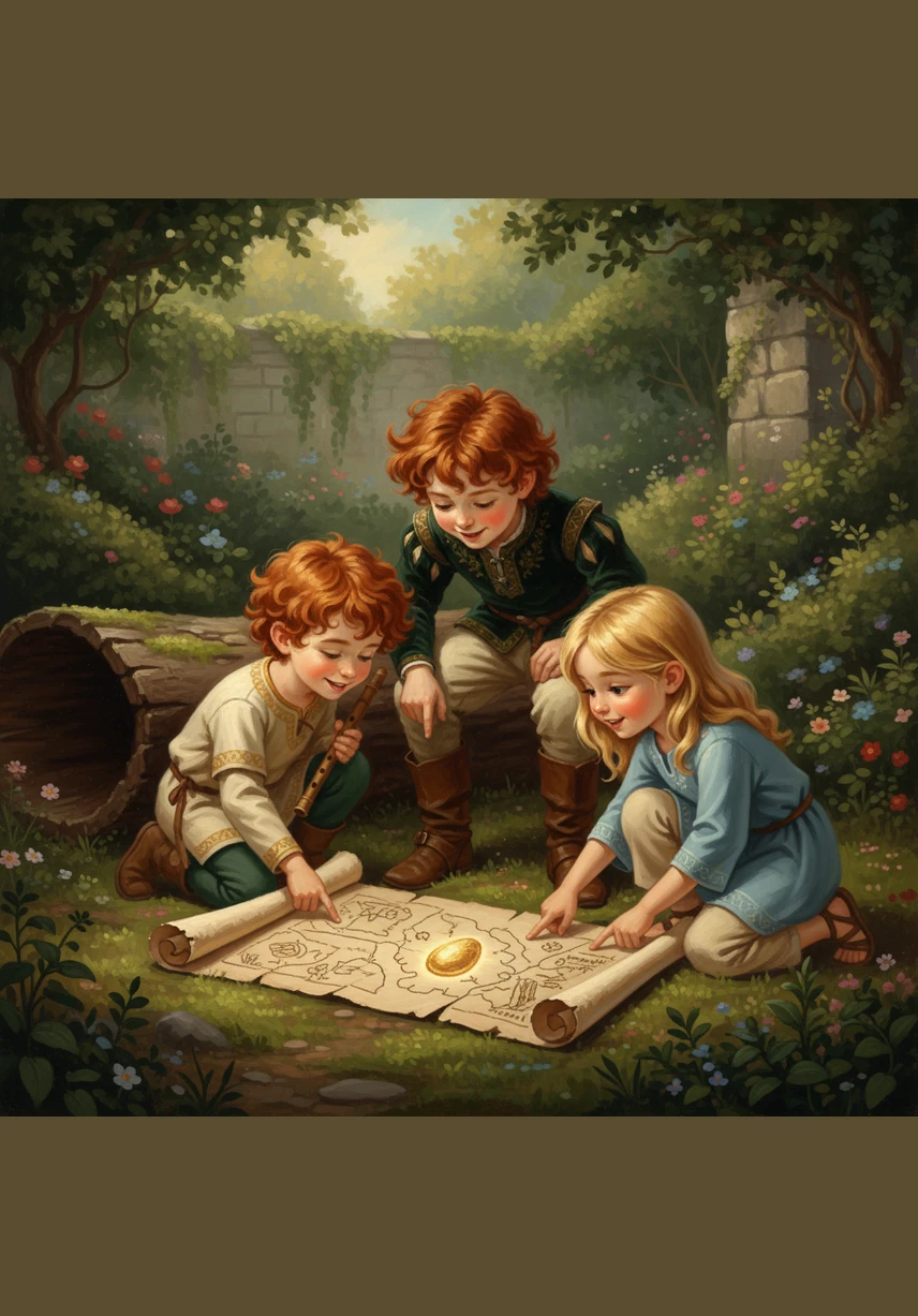 The children gather around a mysterious map they found tucked inside a hollow log. They huddle close, pointing at the drawings of a secret golden egg hidden somewhere deep within the garden's secret corners.
