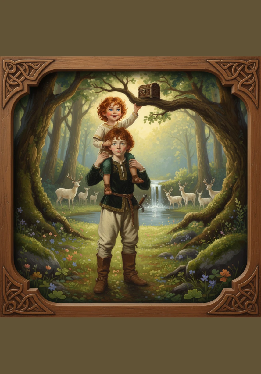 To reach the next clue, Daithi carefully lifts Oisin up so he can peek over the stone wall. Teamwork makes the hunt even more fun as they share tips and point out hidden colors to one another.