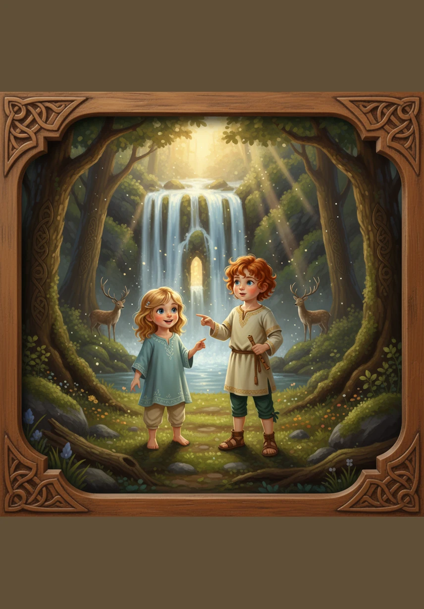 Malliadh and Tadhg discover a hidden path leading under the weeping willow tree, where the branches create a magical green tent. Tucked inside the roots, they find a whole nest of chocolate treats waiting to be shared.