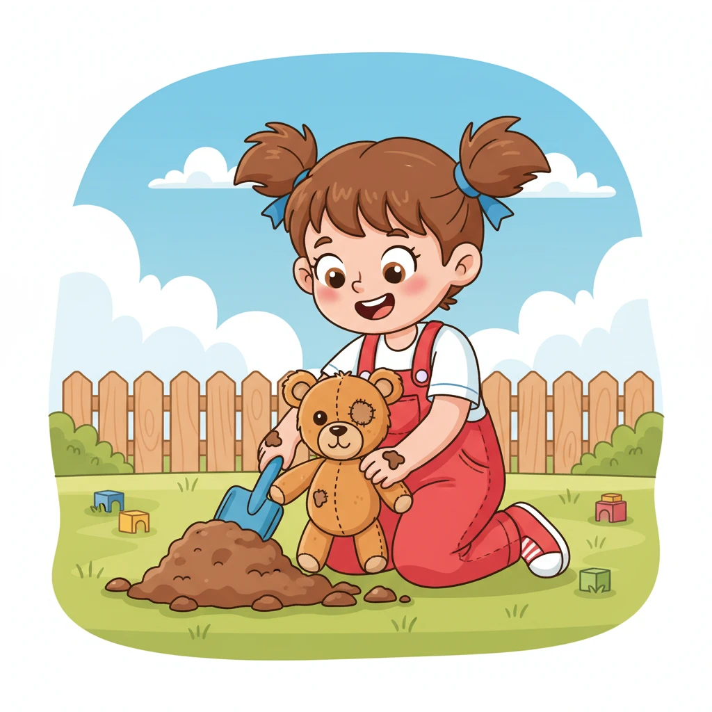 Lily, a curious girl with bright red overalls and pigtails, is playing in her sun-drenched backyard. She digs in the dirt, unearthing an old, slightly dusty teddy bear with one button eye missing, looking a bit forlorn but still charming. A tiny, mischievous sparkle seems to glint from its good eye.