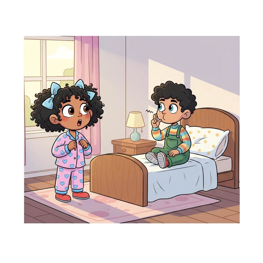 The next morning, Lily finds Buttons sitting on her pillow, facing the window, even though she left him on the table. A tiny, almost silent "psst" seems to echo in the quiet room. Lily's eyes widen with a mix of surprise and excitement, her imagination now fully sparked.