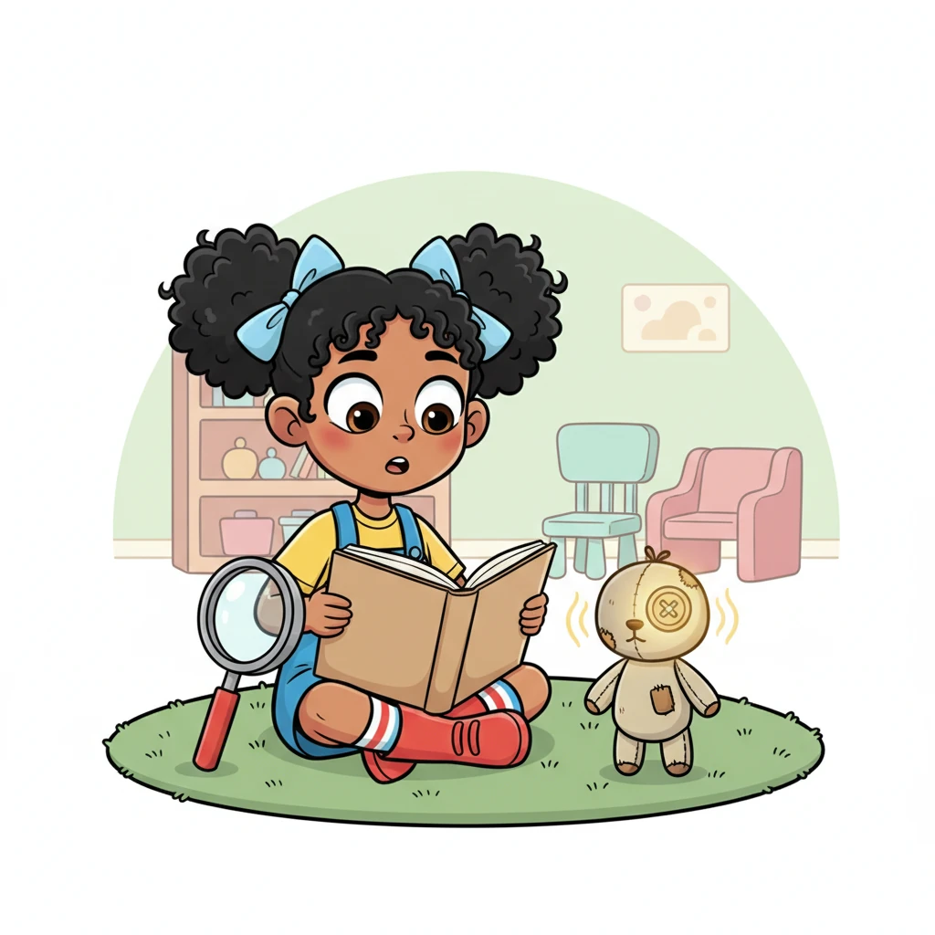 Determined to solve the mystery, Lily sets up a "watch station" with her magnifying glass and notebook. She pretends to read, but her eyes are glued to Buttons. Suddenly, Buttons' good eye seems to glow faintly, and a soft, melodic hum emanates from it, beckoning her.