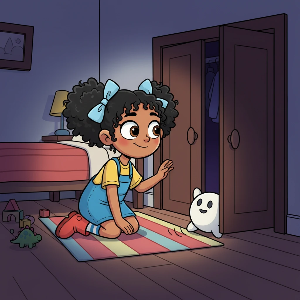 Buttons tumbles off the bed, landing softly, and then rolls slowly towards Lily's closet door. It nudges the door open with its head, revealing a dark, shadowy space. Lily, her heart thumping with thrilling anticipation, peeks inside, a brave little explorer.