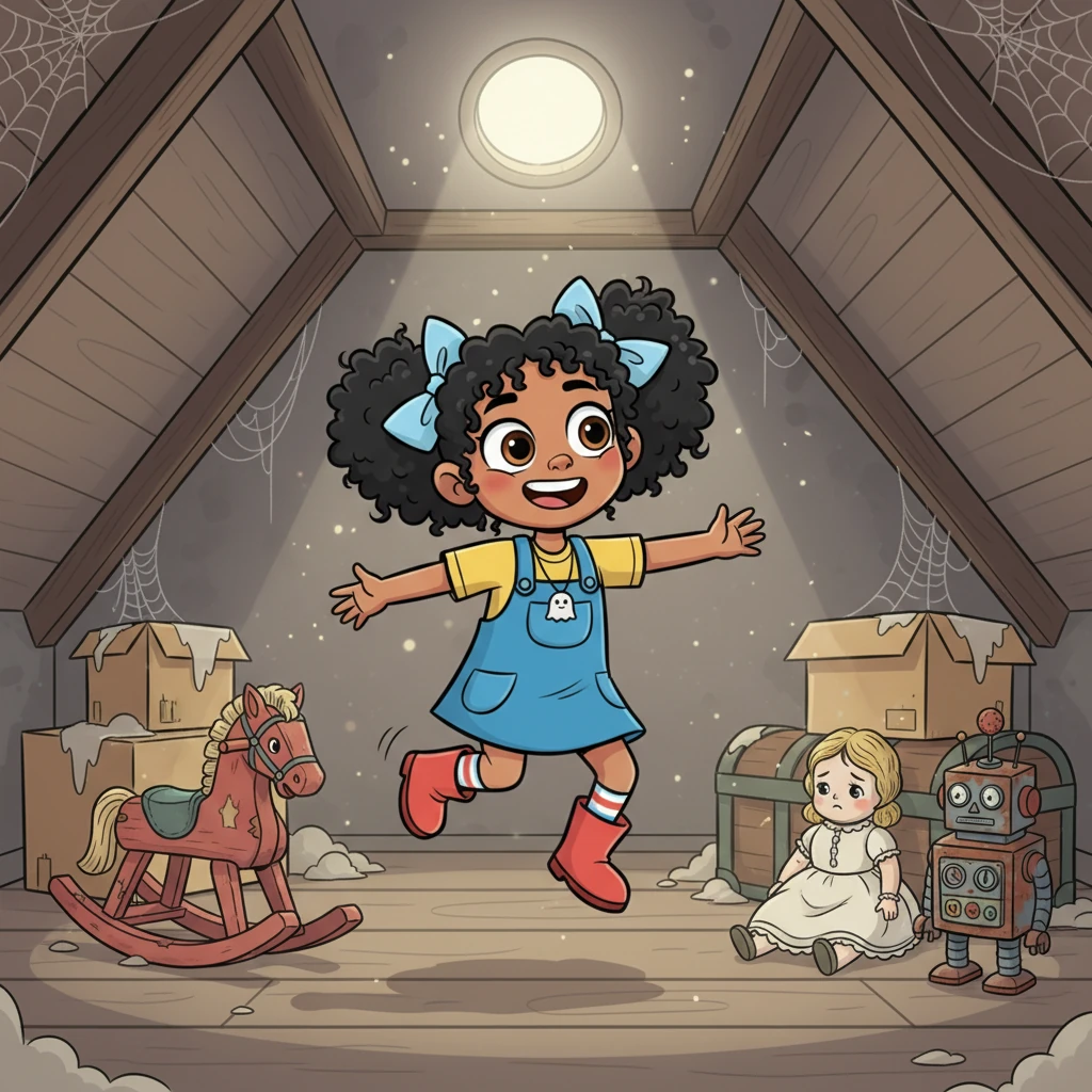 The passage opens into a small, forgotten attic room, bathed in a gentle, ethereal glow from a tiny skylight. The room is filled with dusty, vintage toys: a wooden rocking horse, a porcelain doll, and a tin robot, all looking a little lonely. Buttons "hops" excitedly towards them.