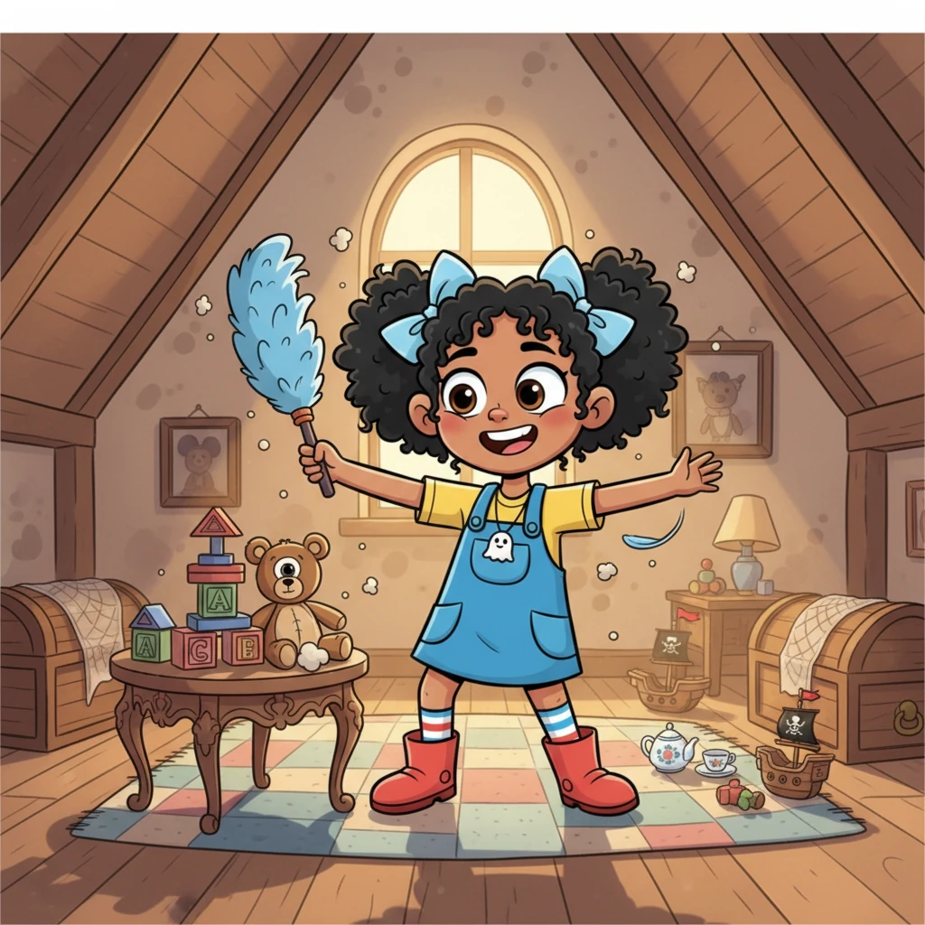 With a burst of joyful energy, Lily decides to make this forgotten room a happy place again. She starts to dust off the toys and tidy the space, imagining grand tea parties and daring adventures. The room begins to transform, filled with her cheerful spirit.