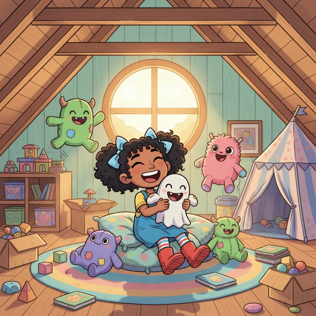 The attic room is now a vibrant, cozy play area, filled with sunlight and laughter. Lily plays happily with Buttons and all his newly discovered friends, who now have bright, happy expressions. Her secret "spooky" adventure has turned into the most wonderful discovery of all.