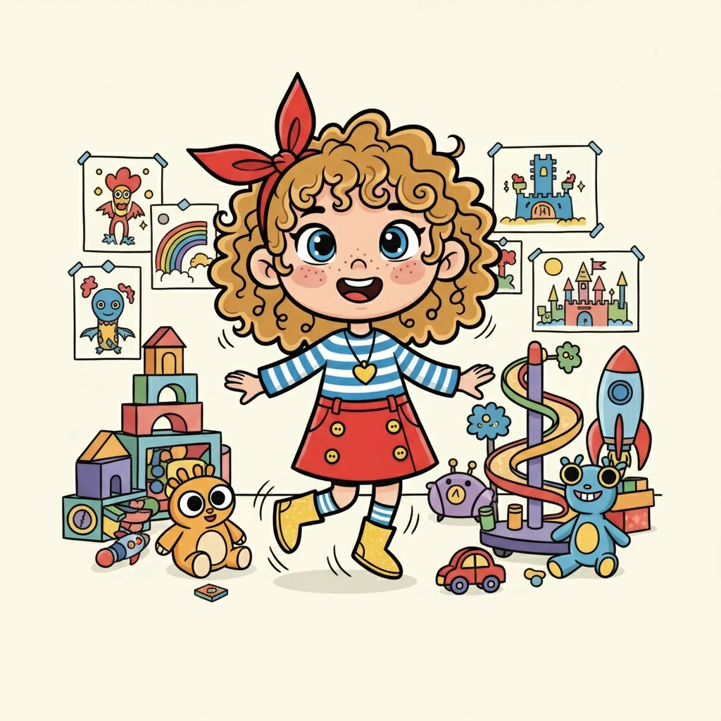 Émi, une fillette aux cheveux blonds en bataille et aux yeux pétillants, bondissait dans sa chambre, entourée de jouets colorés et de dessins extravagants. Ses baskets scintillantes la suivaient dans ses mouvements vifs et joyeux. Elle ne tenait jamais en place, son esprit bouillonant d'idées.