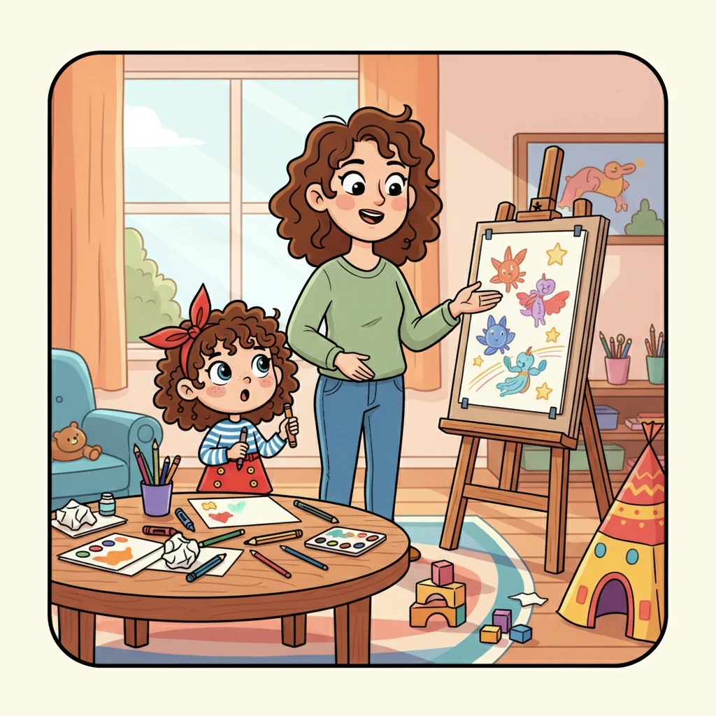 Sa maman, avec un sourire doux, expliqua à Émi que son énergie et son imagination débordante étaient des cadeaux. Elle lui montra comment transformer ses pensées en dessins, en histoires, et en jeux. Émi, émerveillée, commença à comprendre.