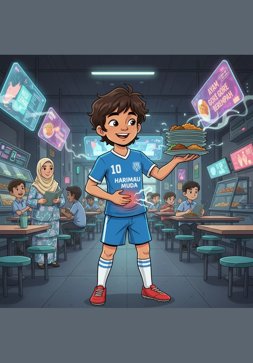 Haris stands in the middle of a lively school canteen, surrounded by the delicious aroma of nasi lemak and fried chicken. With a growling stomach and a big smile, Haris reaches for a plate of food, ready to dive into a tasty Malaysian lunch.