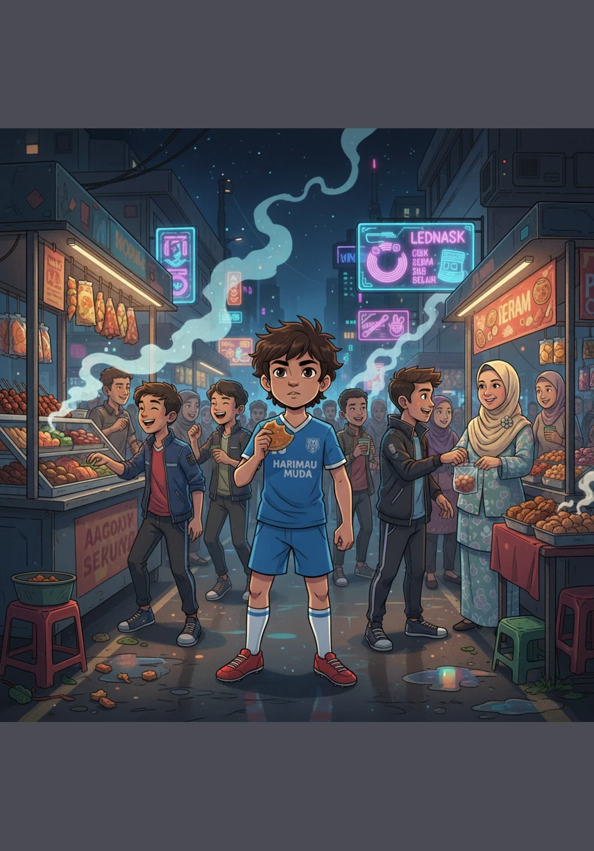 Later that evening, Haris and their friends visit the bustling Pasar Malam, where rows of colorful stalls sell everything from sweet apam balik to grilled satay. The air is filled with smoke and laughter, but Haris keeps a sharp eye out for more than just snacks.