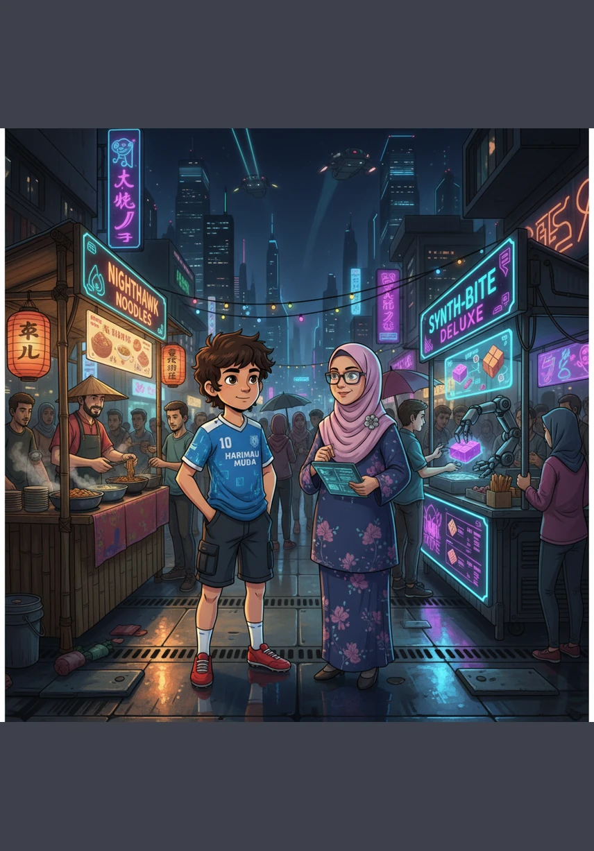 Haris notices two different stalls; one has food sitting out in the open where flies are buzzing, while the other keeps everything neatly covered under clear lids. Cikgu Siti explains that covered food stays safe from dust and pesky insects that carry germs.